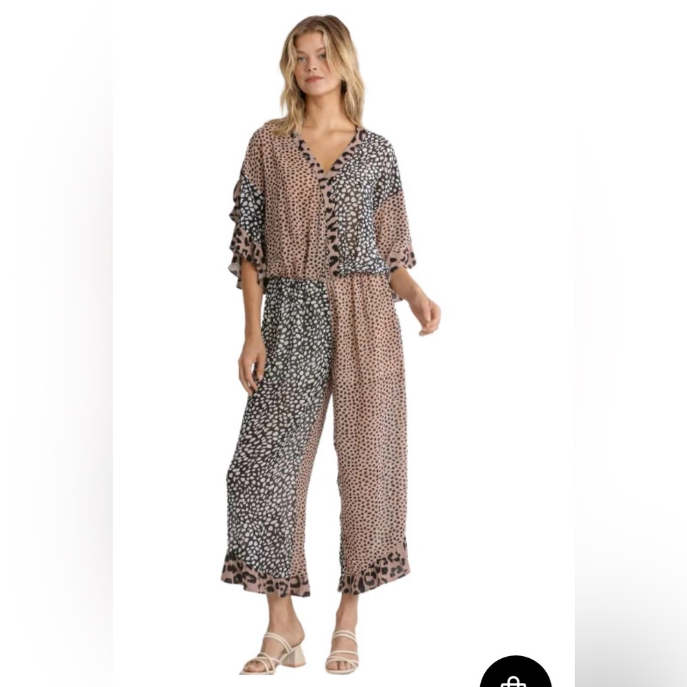 Umgee Animal Print Neutral Colors Ruffled Sleeves/Hem Lined Jumpsuit Size Med